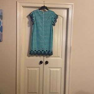 Gingham green and white with blue accents cotton dress